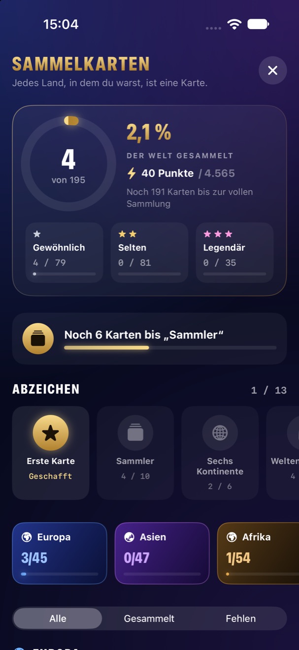Sammelalbum mit Punktestand, Seltenheiten und Abzeichen