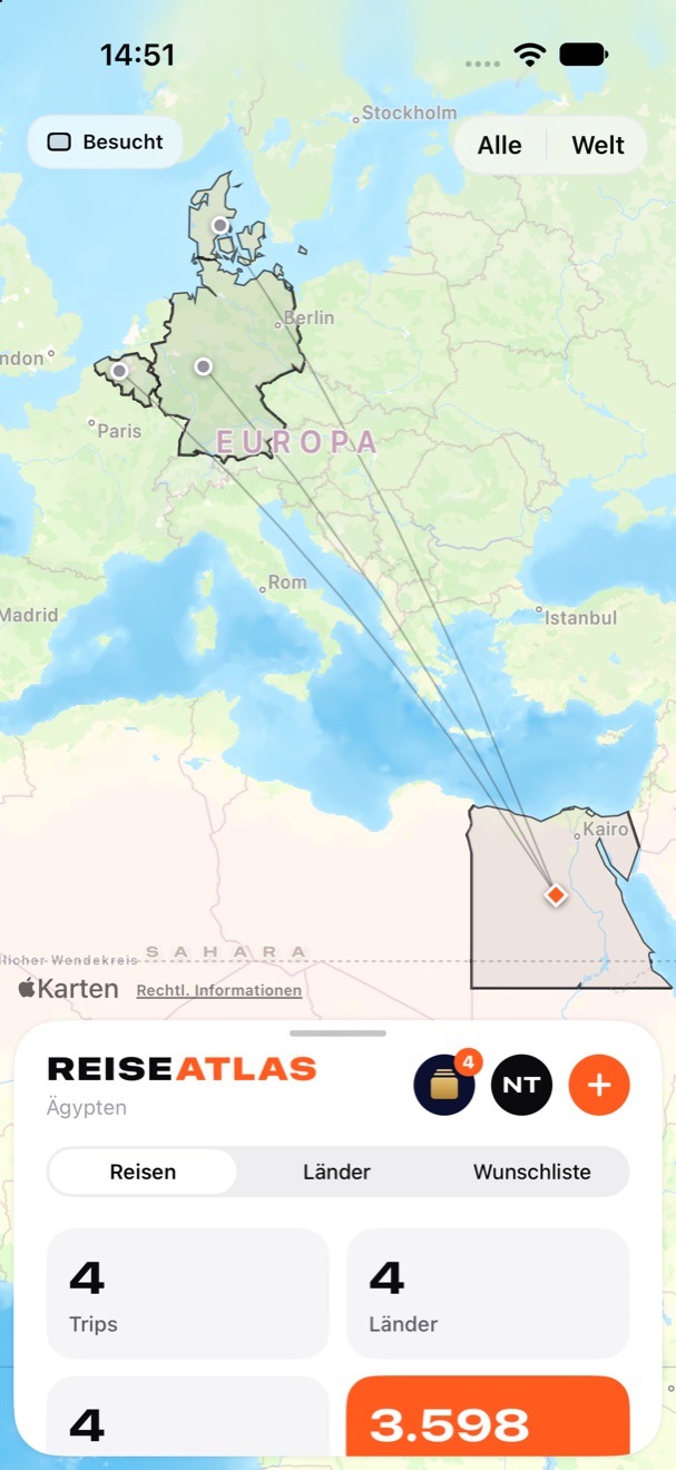 Reiseatlas mit Weltkarte: Deutschland und Ägypten sind eingefärbt, Linien führen vom Zuhause zu den Reisezielen. Darunter das Logbuch mit Trips und Ländern.